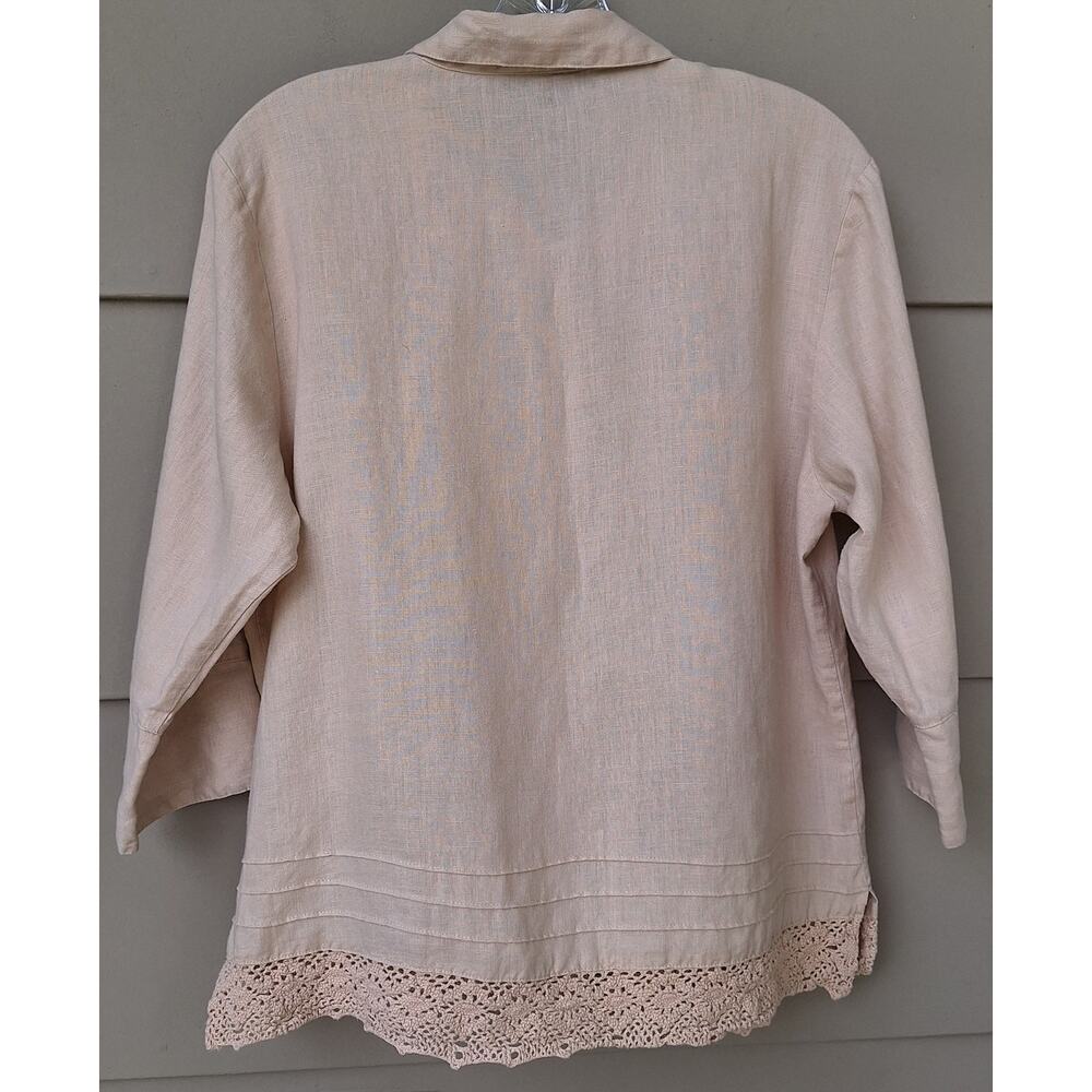 Robert Louis 100% Linen Crochet Trim Mother of Pearl buttons Blouse Shirt Tan M - Picture 3 of 10